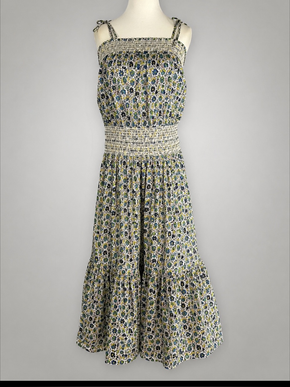 Tory Burch Floral Smocked Cotton Maxi Dress Tie Straps Size M